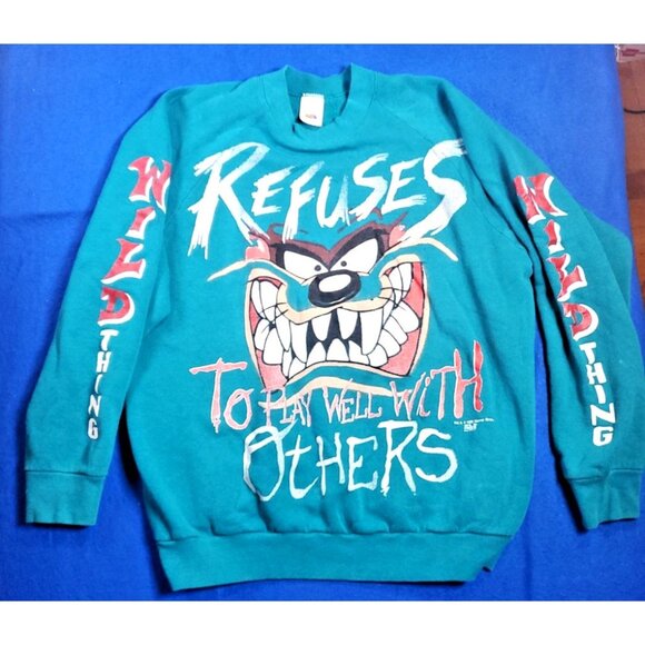 Vintage Taz Refuses To Play Well With Others Wild Thing Sweatshirt L 1995 Teal - Picture 1 of 15